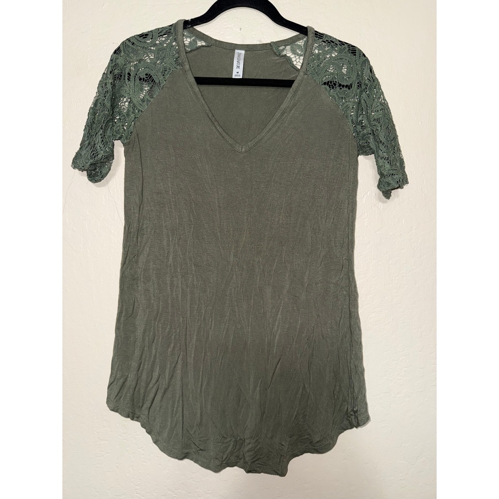 Zenana Signature Olive Green Lace Sleeve V‎ Neck Tunic Top Women's Medium